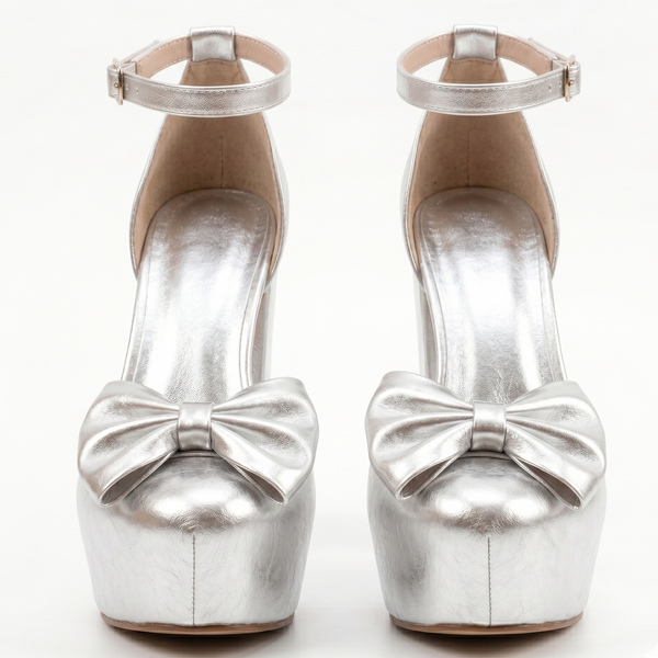 ZAPATILLA PLATA CON MOÑO DE TACÓN GRUESO Y PLATAFORMA (MOD 1000)