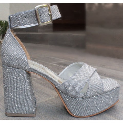SANDALIA PLATA DE TACÓN CAMPANA CON PLATAFORMA Y HEBILLA (MOD 904)