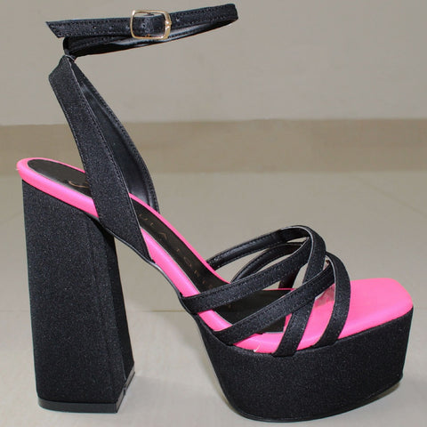SANDALIA NEGRA/ROSA NEÓN DE TACÓN CAMPANA CON PLATAFORMA Y TIRAS (MOD 7002)