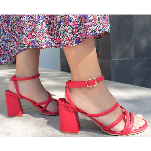 SANDALIA ROJA DE TACÓN CAMPANA CON TIRAS (MOD 705)