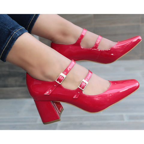 ZAPATILLA ROJA DE TACÓN GRUESO CON HEBILLAS (MOD 2443)
