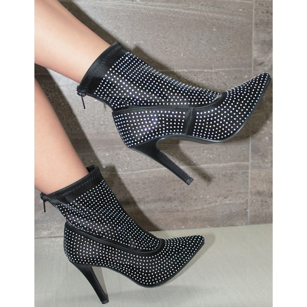 BOTÍN STILETTO STRETCH NEGRO DE TACÓN DE AGUJA CON PIEDRAS (MOD 3006)