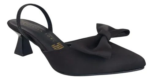 ZAPATILLA PUNTAL NEGRA DESTALONADA DE TACÓN DE AGUJA CON MOÑO (MOD 065)