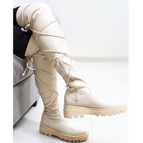 BOTA CREMA TRACK DE TUBO ALTO CON TIRAS (MOD 174)